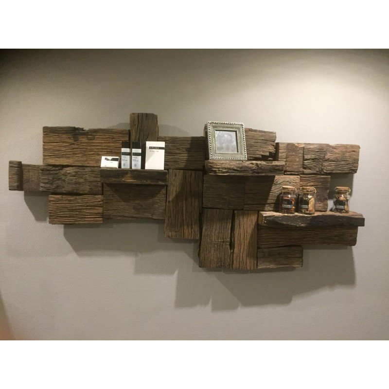 Presentation of oak wall shelf with photos