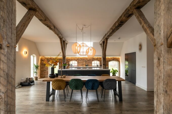 Old oak beams in kitchen in farmhouse