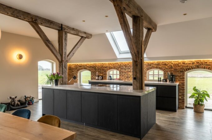 Old oak beams in living kitchen of farmhouse