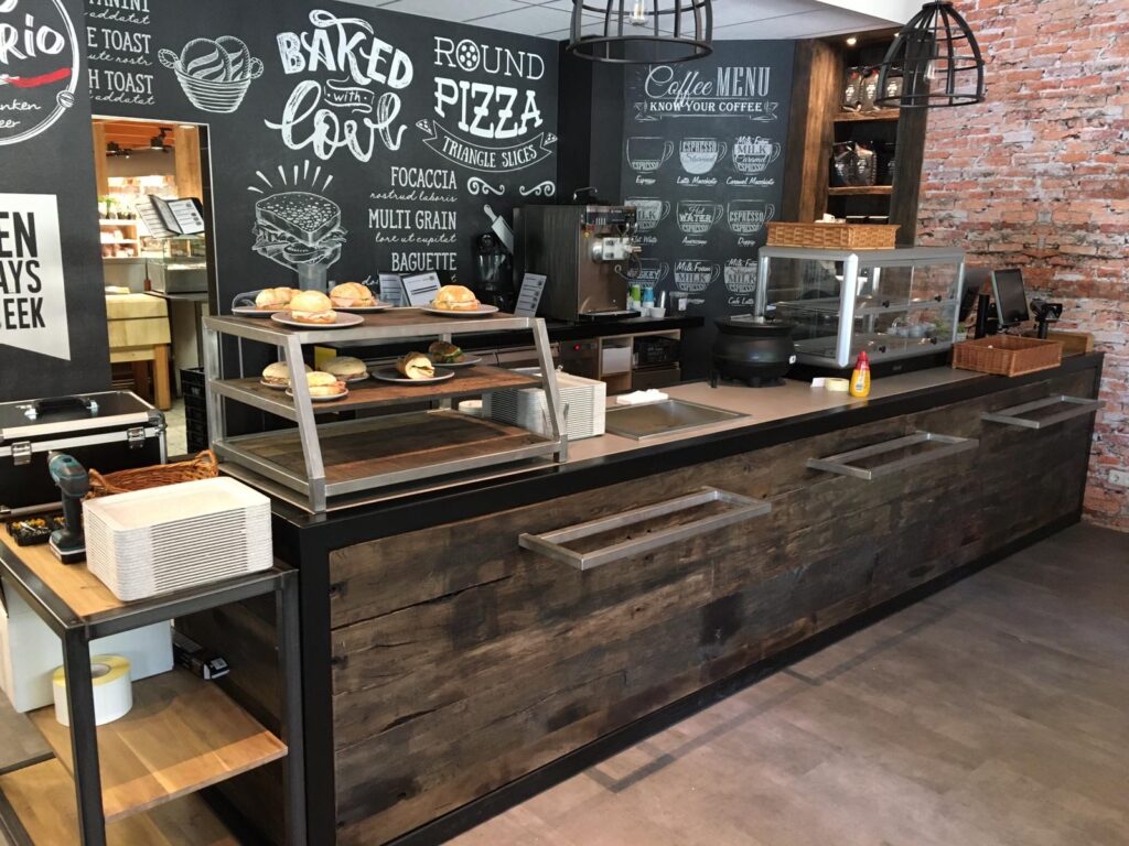 brushed oak wagon shelves bali at the food corner of the Jumbo