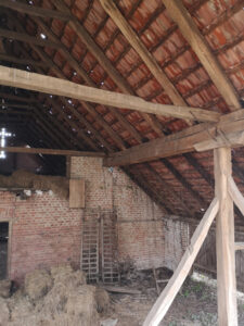 Presentation of source oak wood beams in old farm barn