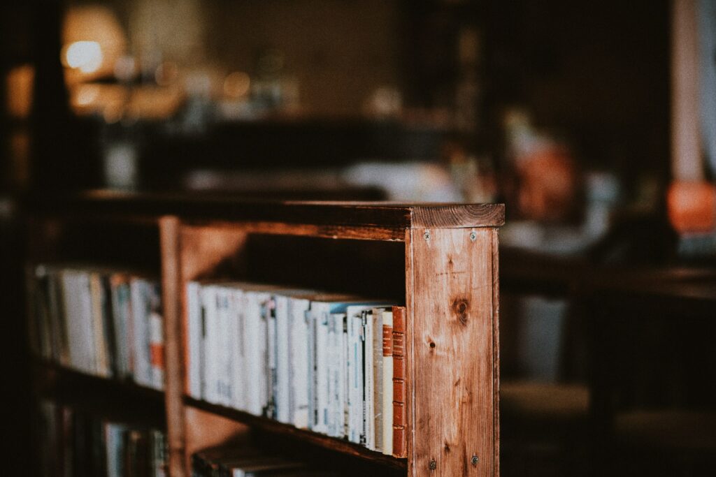 Presentation of a bookcase of Barnwood spruce brown