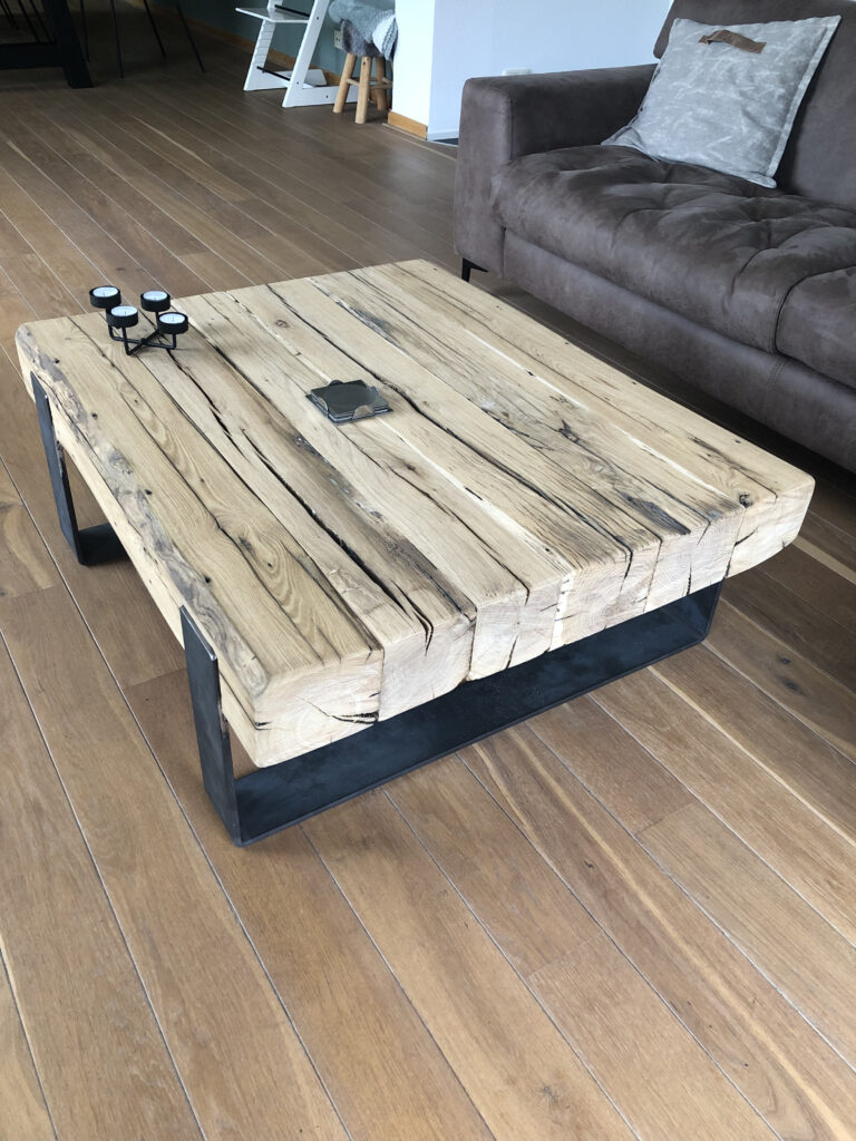 Old oak coffee table planed with steel leg