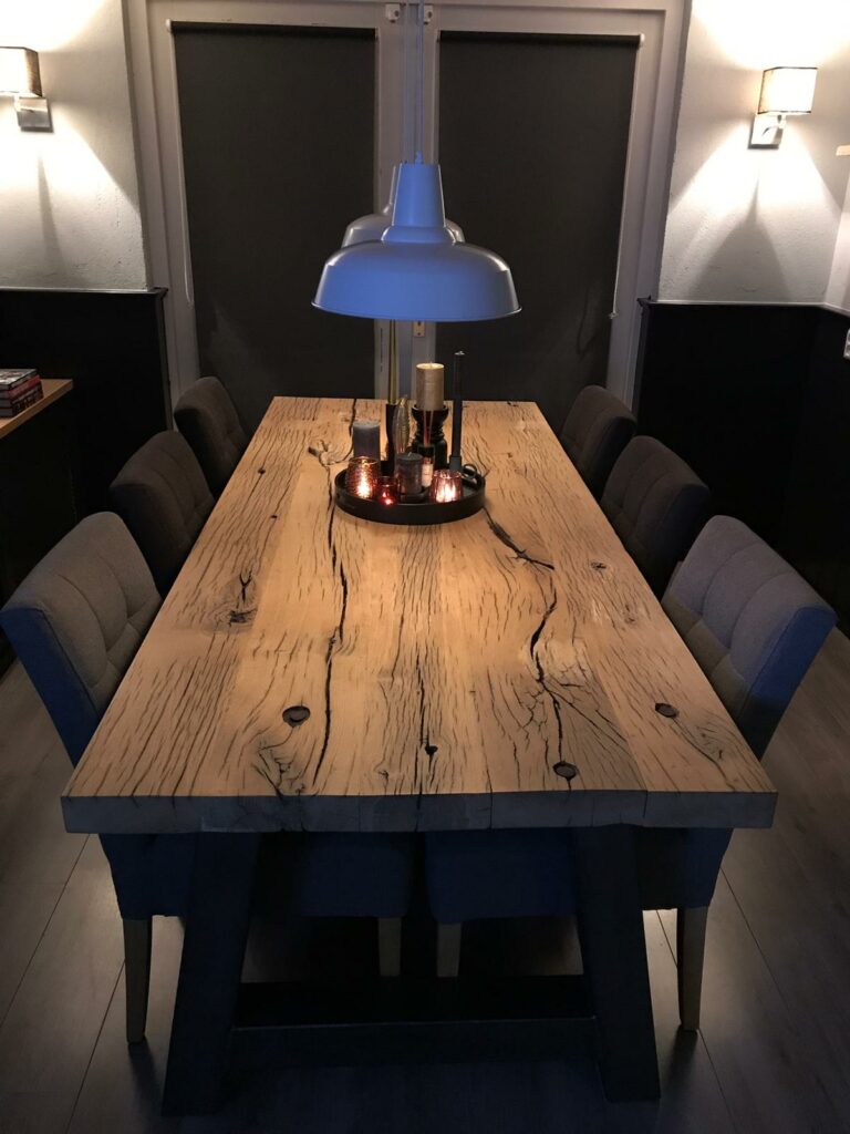 Dining room table top of wagon planks planed 6cm thick with chairs