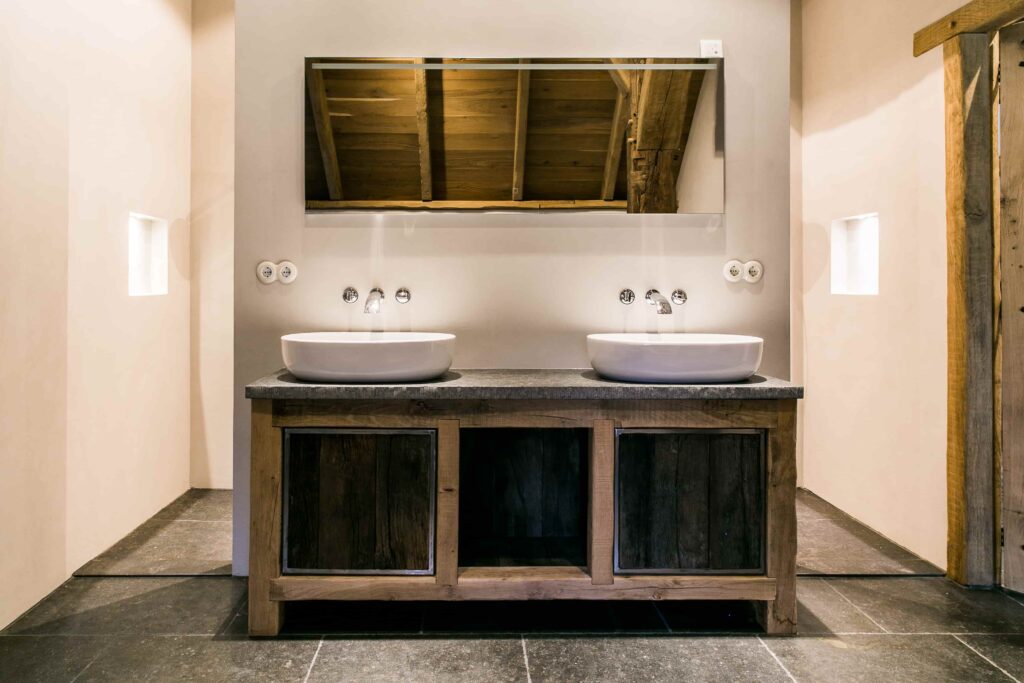 Presentation bathroom furniture old oak with concrete top and two modern sinks