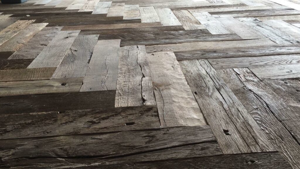 Presentation of old oak floor herringbone brushed oak outside