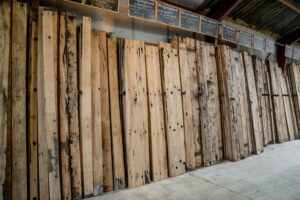 Presentation various planed wagon boards in the old wood shed