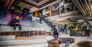 Staircase of wagon planks at Redbull headquarters