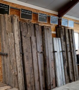 Presentation of different pine wagon boards in the old wood shed