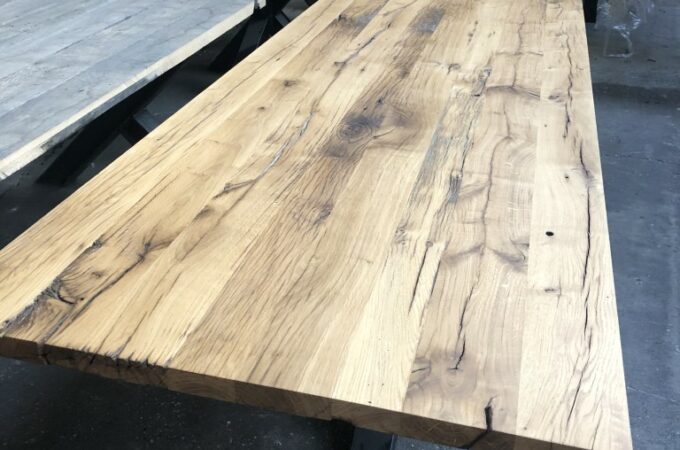 Presentation of blockboard table top planed without foot in the old wood warehouse
