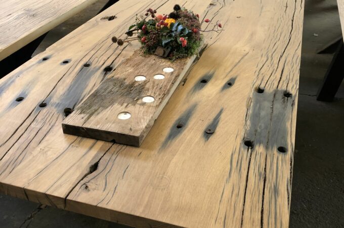 Table made of railroad sleepers