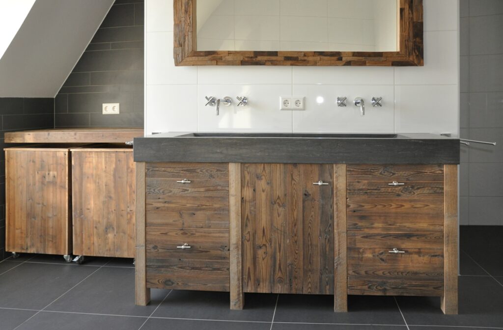 Presentation barnwood brown bathroom cabinet with large concrete sink